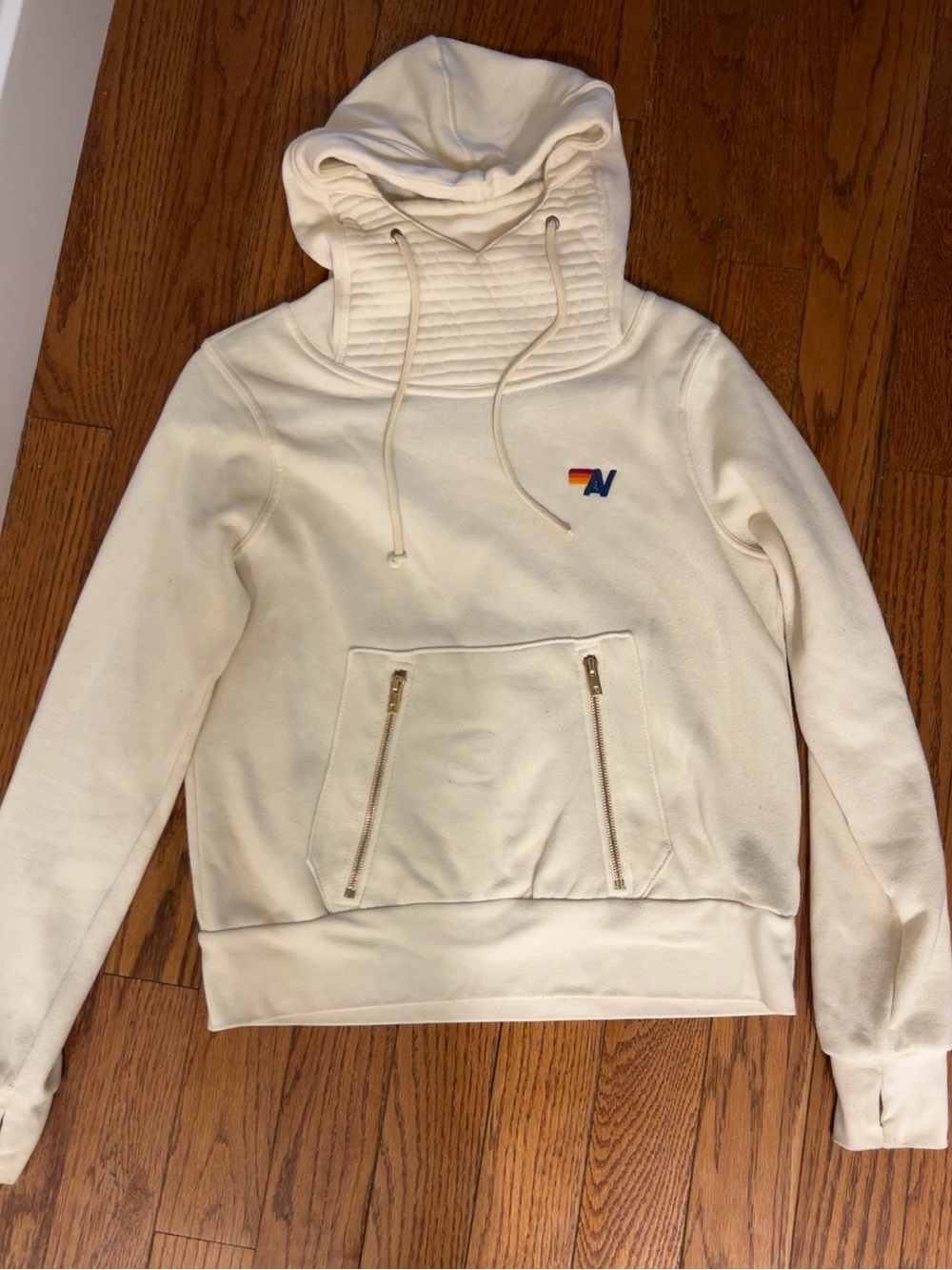 Aviator Nation Pullover Ninja Hoodie Cream Sweatshirt with Gold Zip Pockets- XS